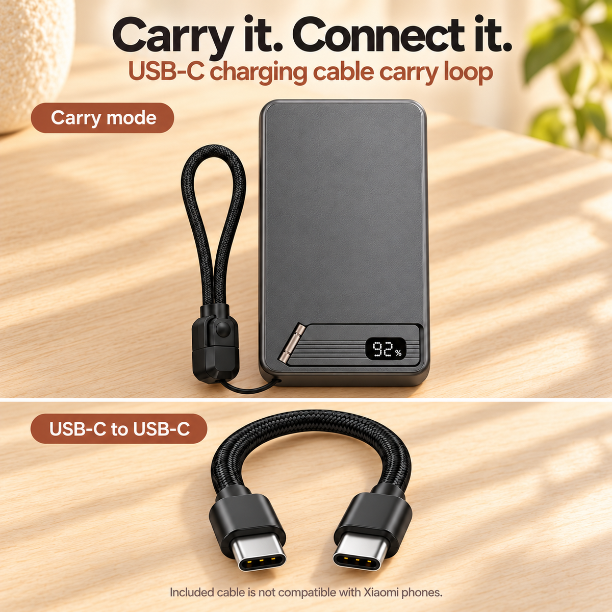 Detachable USB-C to USB-C cable stored as a carry loop with bottom-edge tether