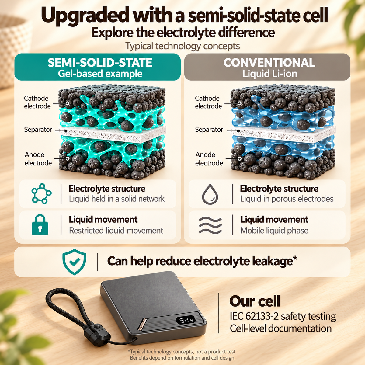 Semi-solid-state upgrade with a conceptual gel-based electrolyte comparison and cell-level safety testing