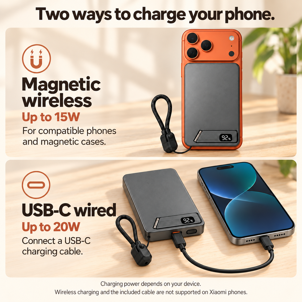 Magnetic wireless charging up to 15W and USB-C wired charging up to 20W