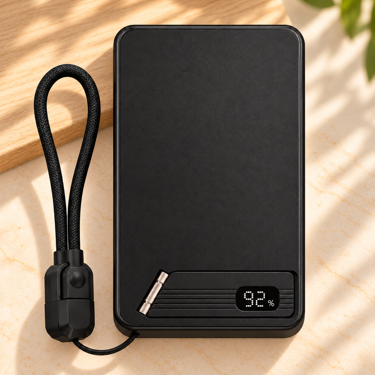 Black MagStand Pro power bank with folding stand, digital display and USB-C cable loop