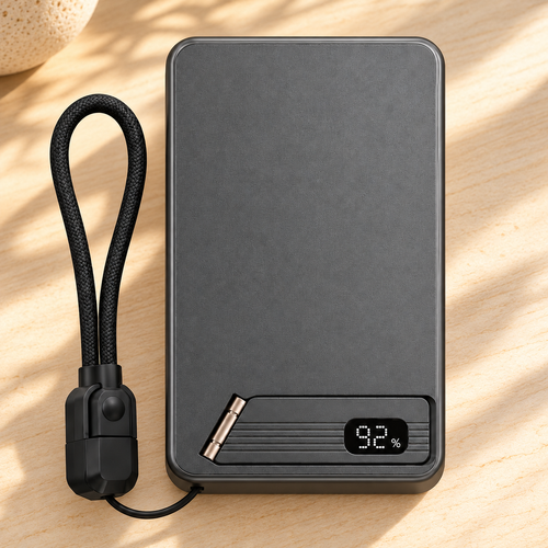 Gray MagStand Pro power bank with folding stand, digital display and USB-C cable loop