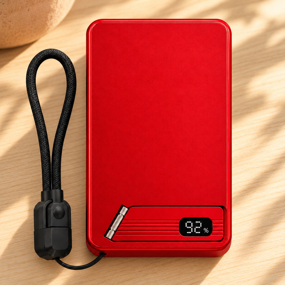 Red MagStand Pro power bank with folding stand, digital display and USB-C cable loop