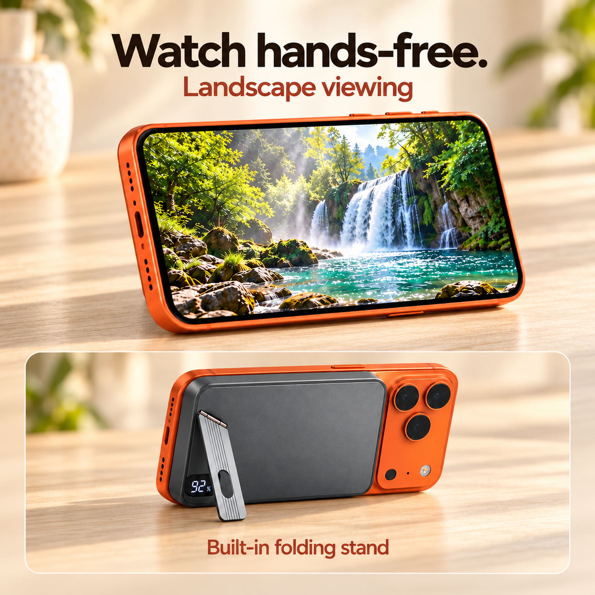 Landscape video viewing with the folding support behind the phone and rear stand detail