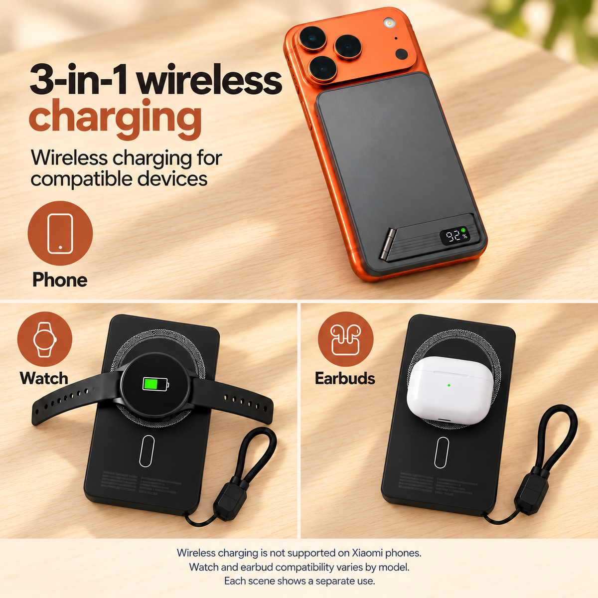 Three separate wireless charging uses for a compatible phone, watch and earbud case