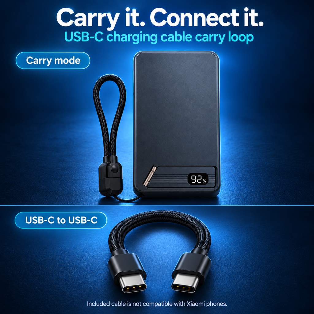 Detachable USB-C to USB-C cable stored as a carry loop with bottom-edge tether