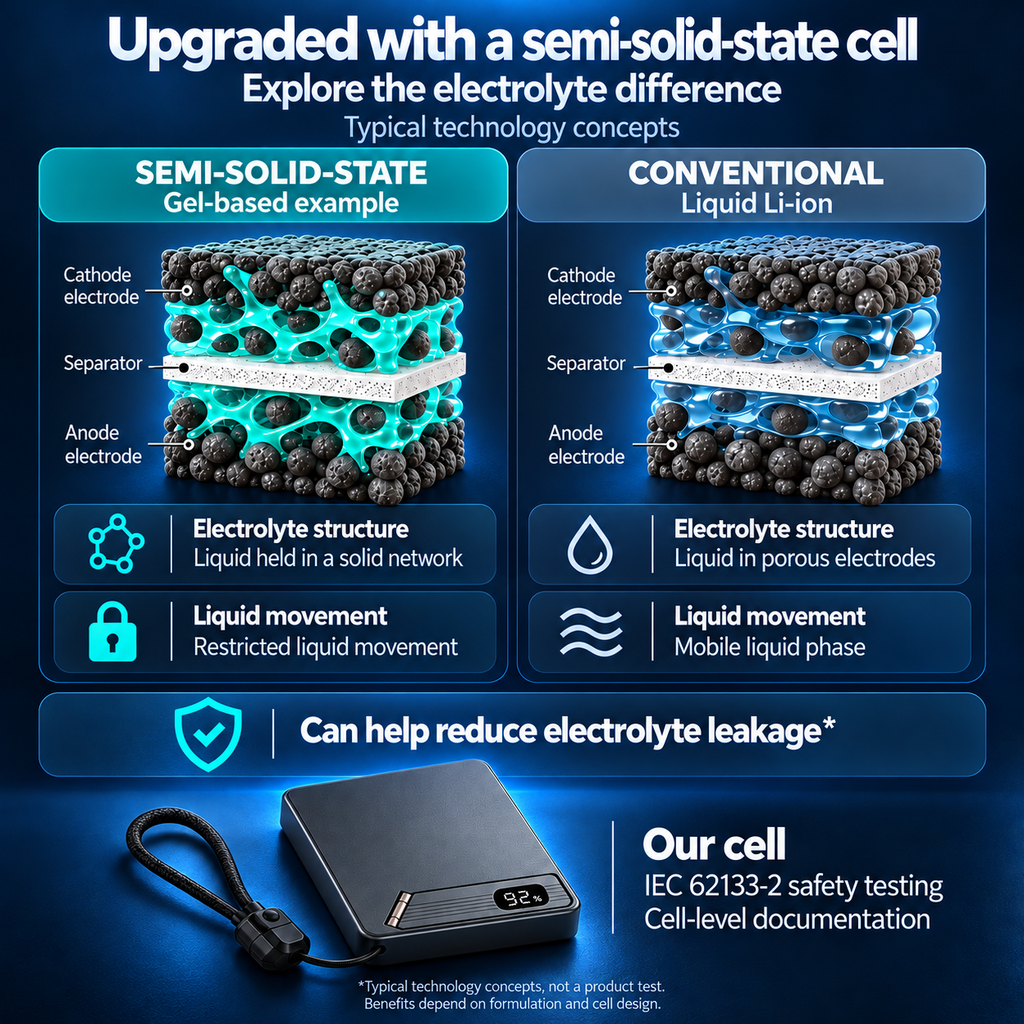 Semi-solid-state upgrade with a conceptual gel-based electrolyte comparison and cell-level safety testing