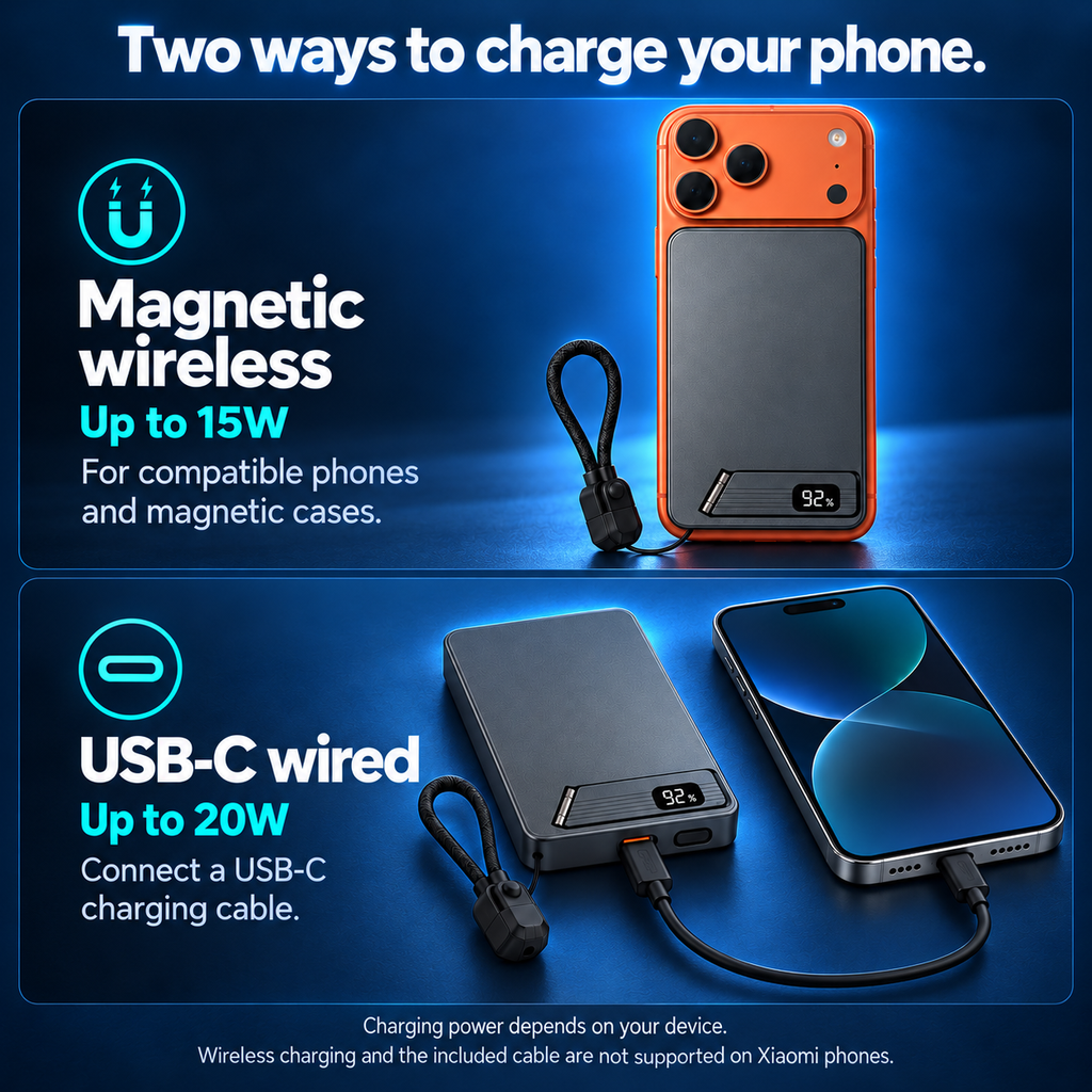 Magnetic wireless charging up to 15W and USB-C wired charging up to 20W