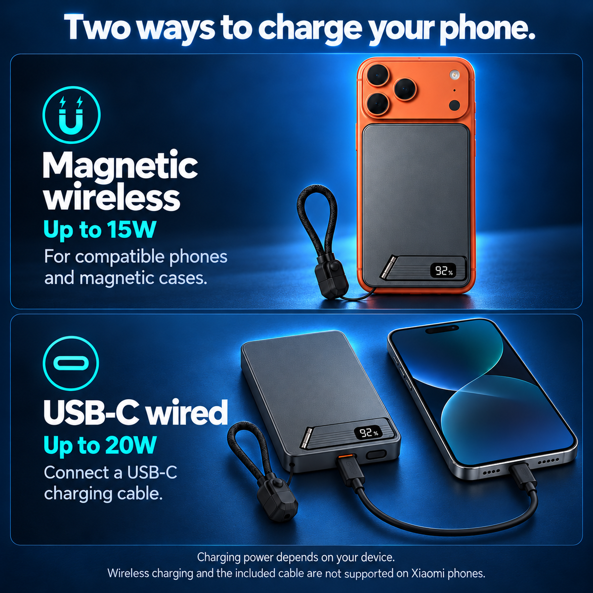 Magnetic wireless charging up to 15W and USB-C wired charging up to 20W