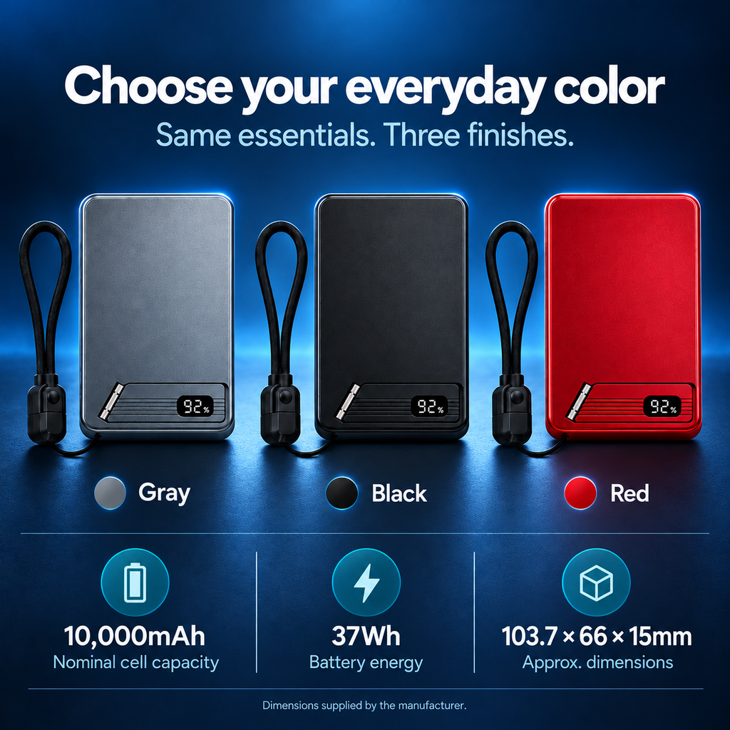Gray, Black and Red colors with 10,000mAh nominal cell capacity, 37Wh energy and approximate dimensions