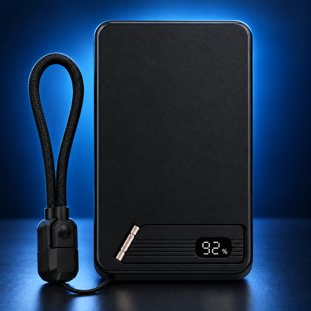 Black MagStand Pro power bank with folding stand, digital display and USB-C cable loop