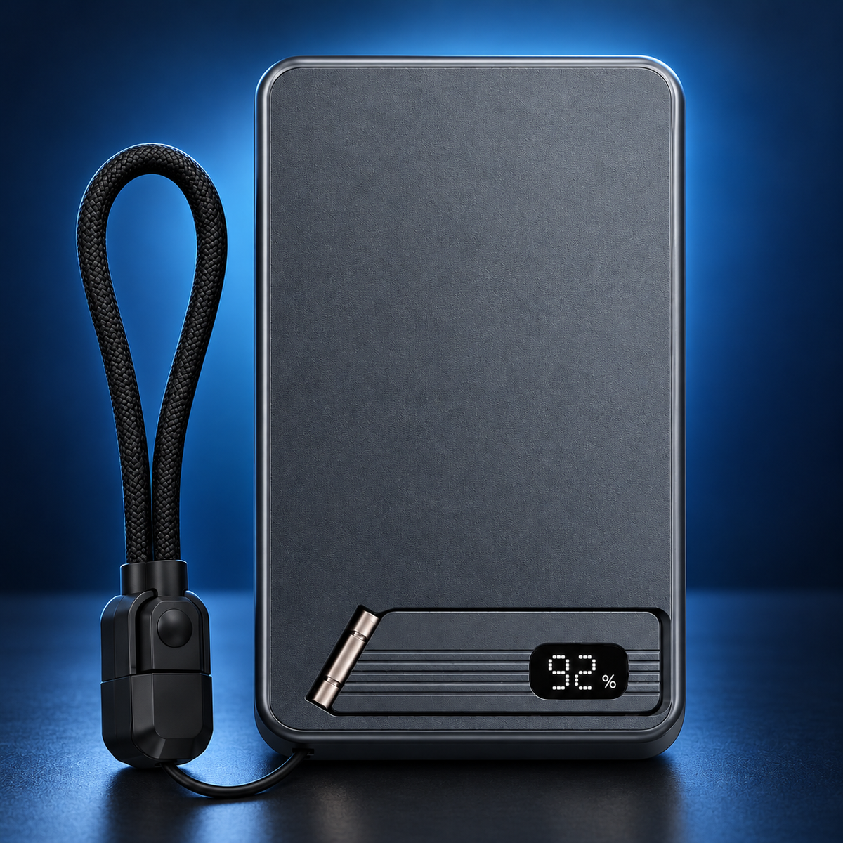 Gray MagStand Pro power bank with folding stand, digital display and USB-C cable loop