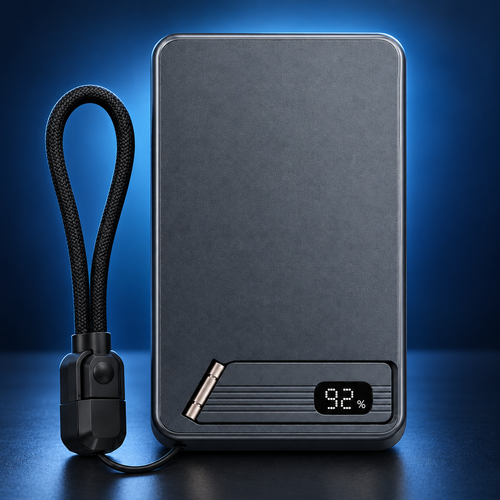 Gray MagStand Pro power bank with folding stand, digital display and USB-C cable loop