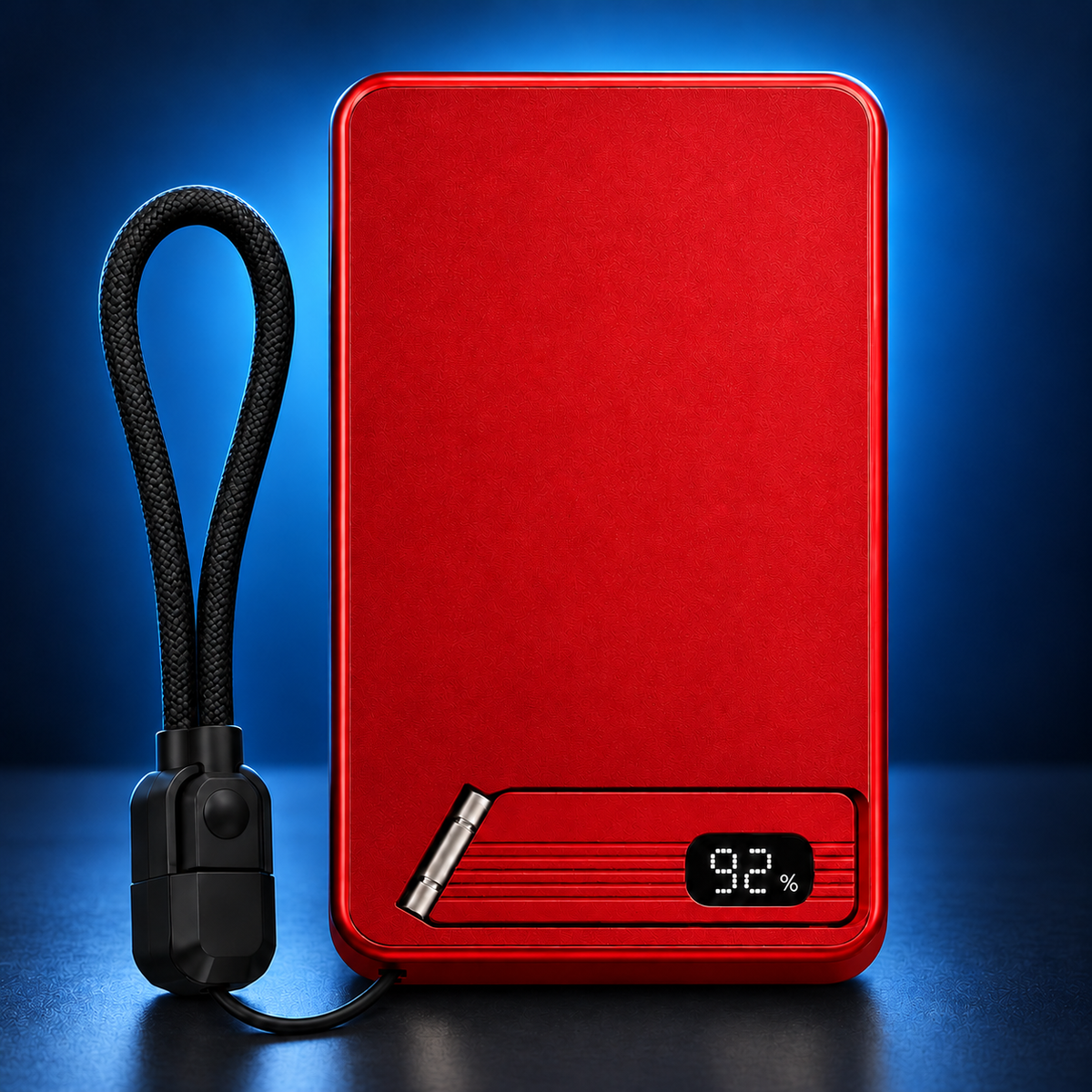 Red MagStand Pro power bank with folding stand, digital display and USB-C cable loop