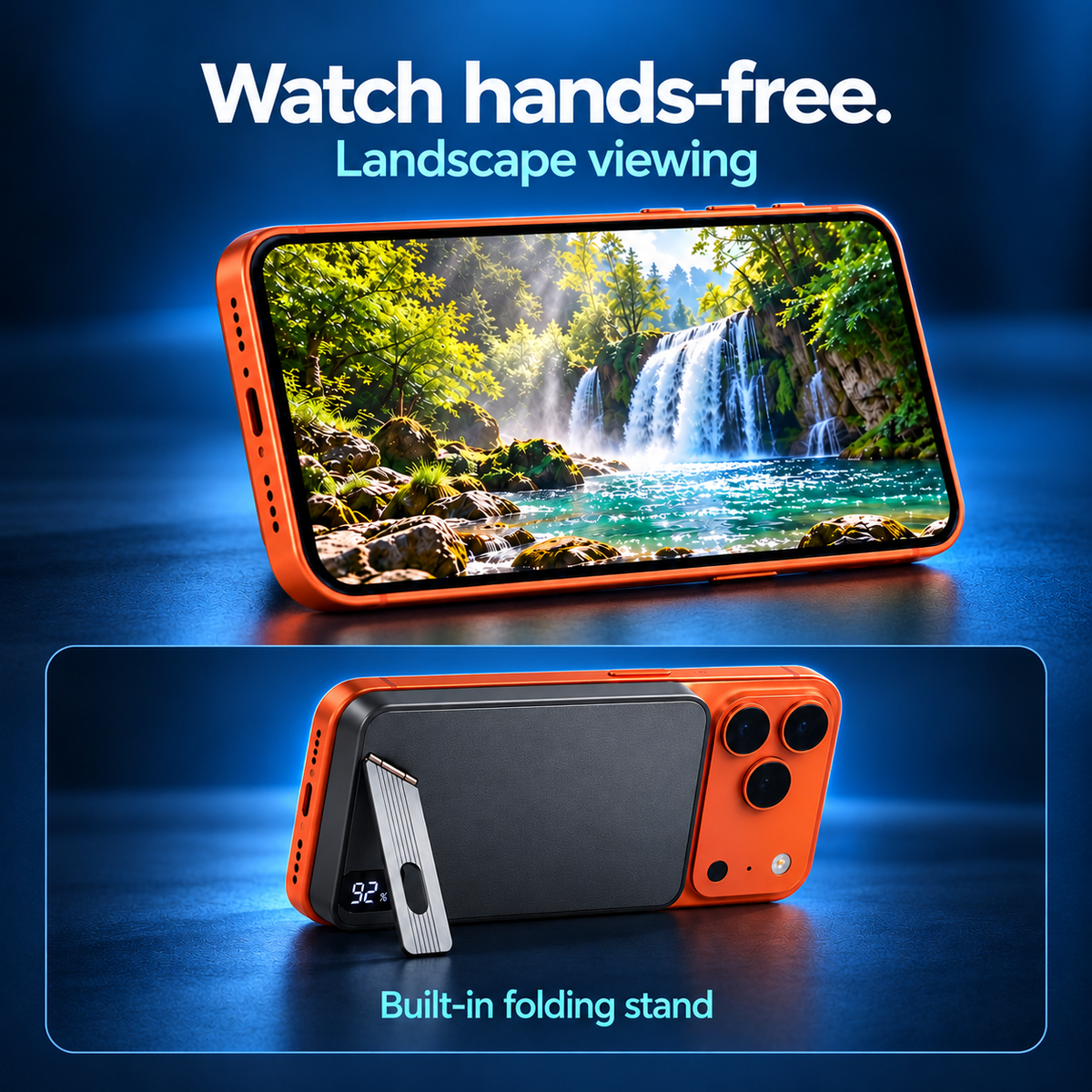 Landscape video viewing with the folding support behind the phone and rear stand detail