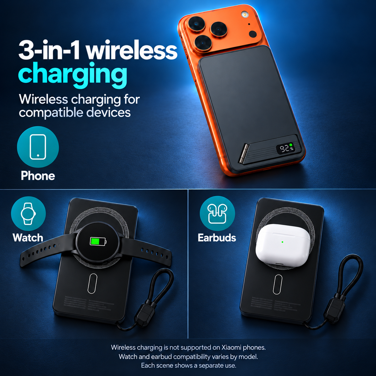 Three separate wireless charging uses for a compatible phone, watch and earbud case