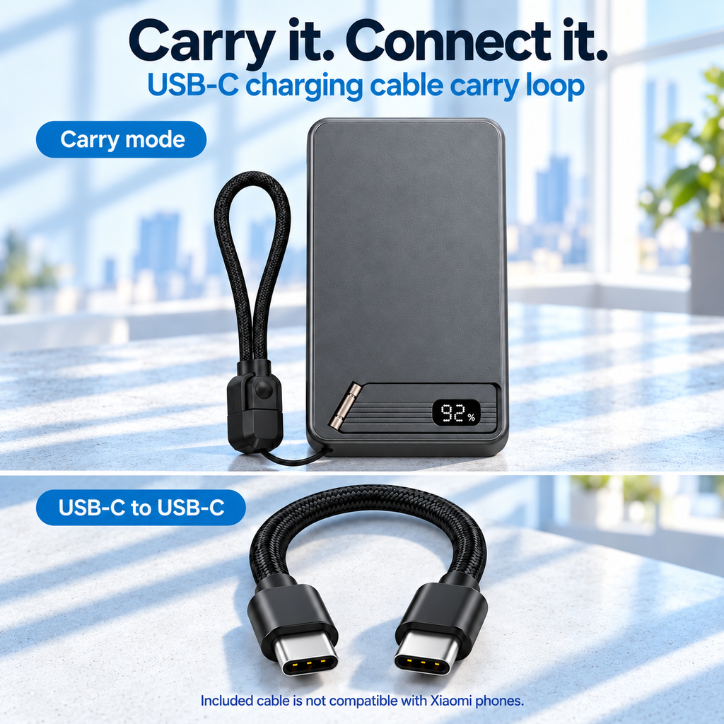 Detachable USB-C to USB-C cable stored as a carry loop with bottom-edge tether