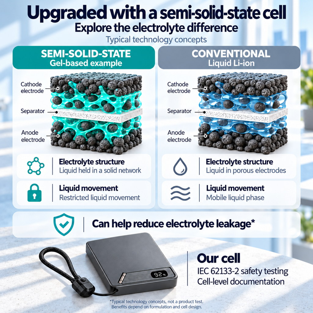 Semi-solid-state upgrade with a conceptual gel-based electrolyte comparison and cell-level safety testing