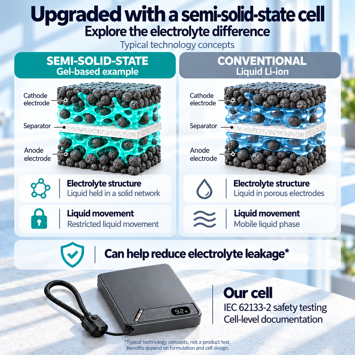 Semi-solid-state upgrade with a conceptual gel-based electrolyte comparison and cell-level safety testing