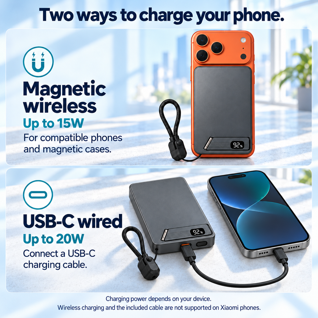 Magnetic wireless charging up to 15W and USB-C wired charging up to 20W