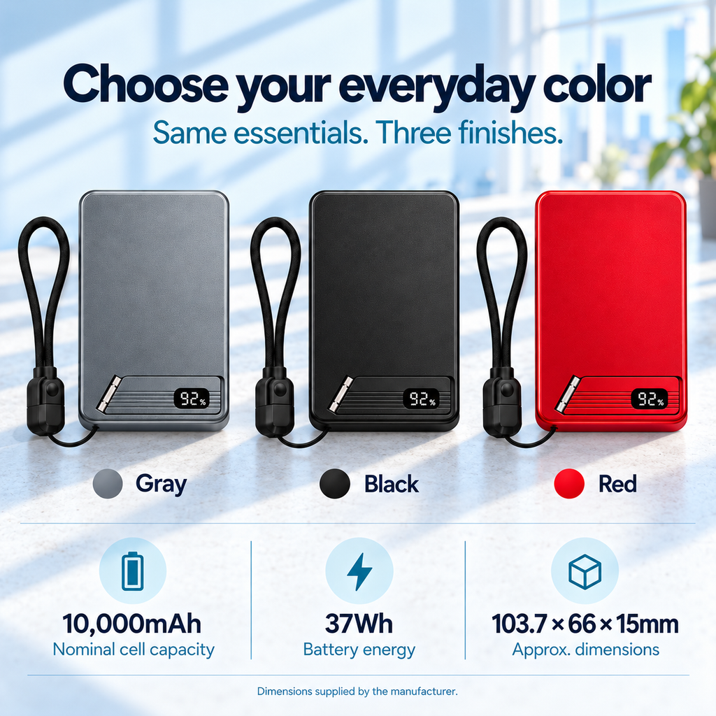 Gray, Black and Red colors with 10,000mAh nominal cell capacity, 37Wh energy and approximate dimensions