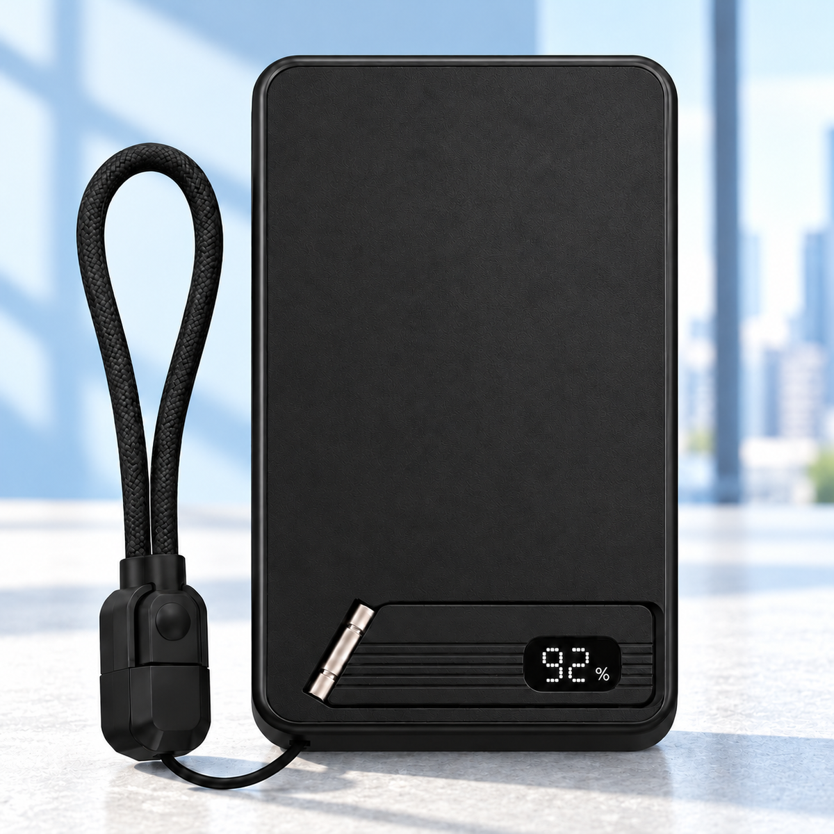 Black MagStand Pro power bank with folding stand, digital display and USB-C cable loop