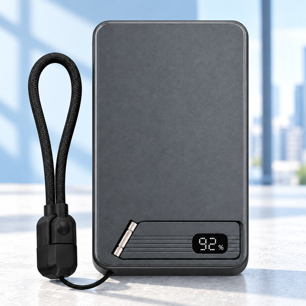 Gray MagStand Pro power bank with folding stand, digital display and USB-C cable loop