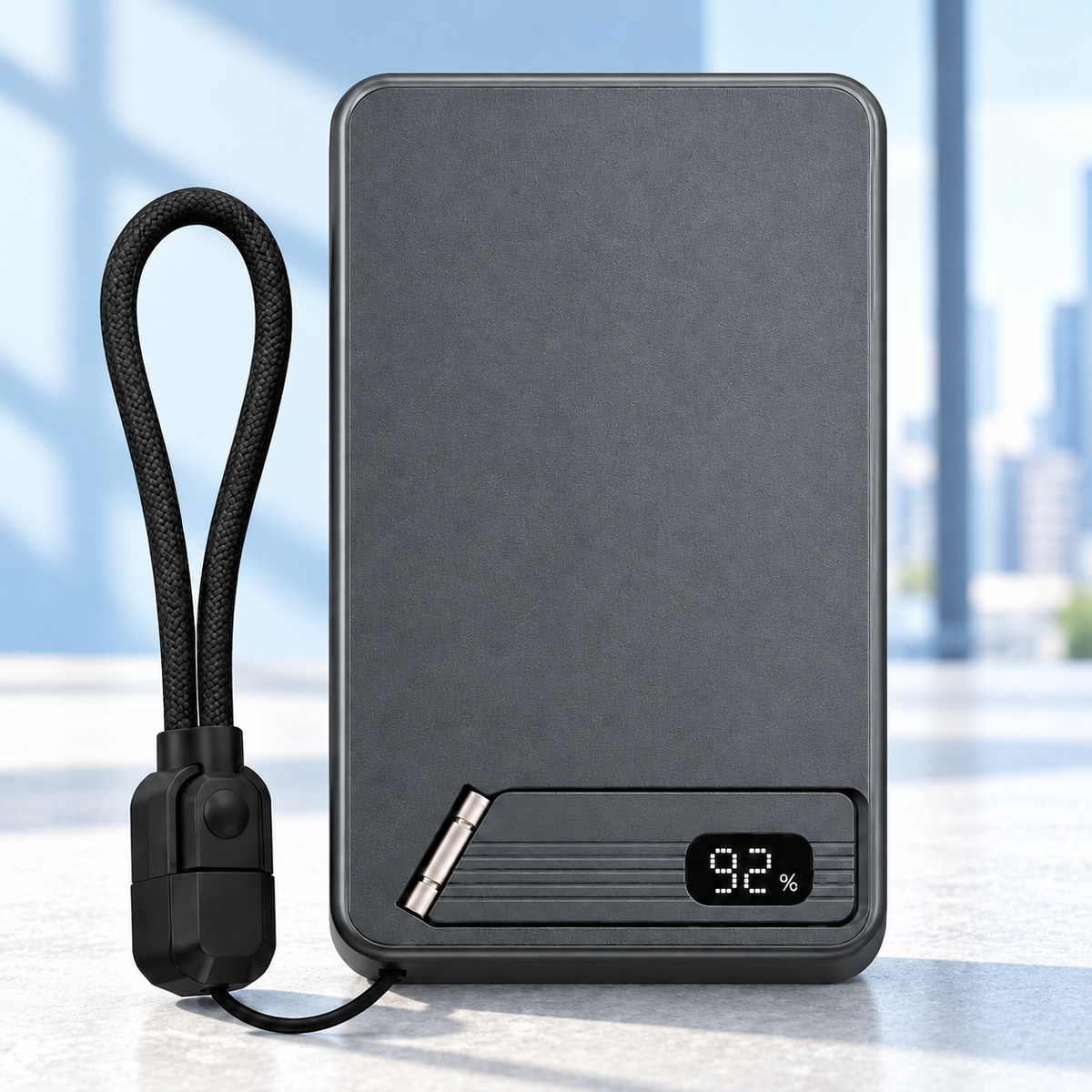 Gray MagStand Pro power bank with folding stand, digital display and USB-C cable loop