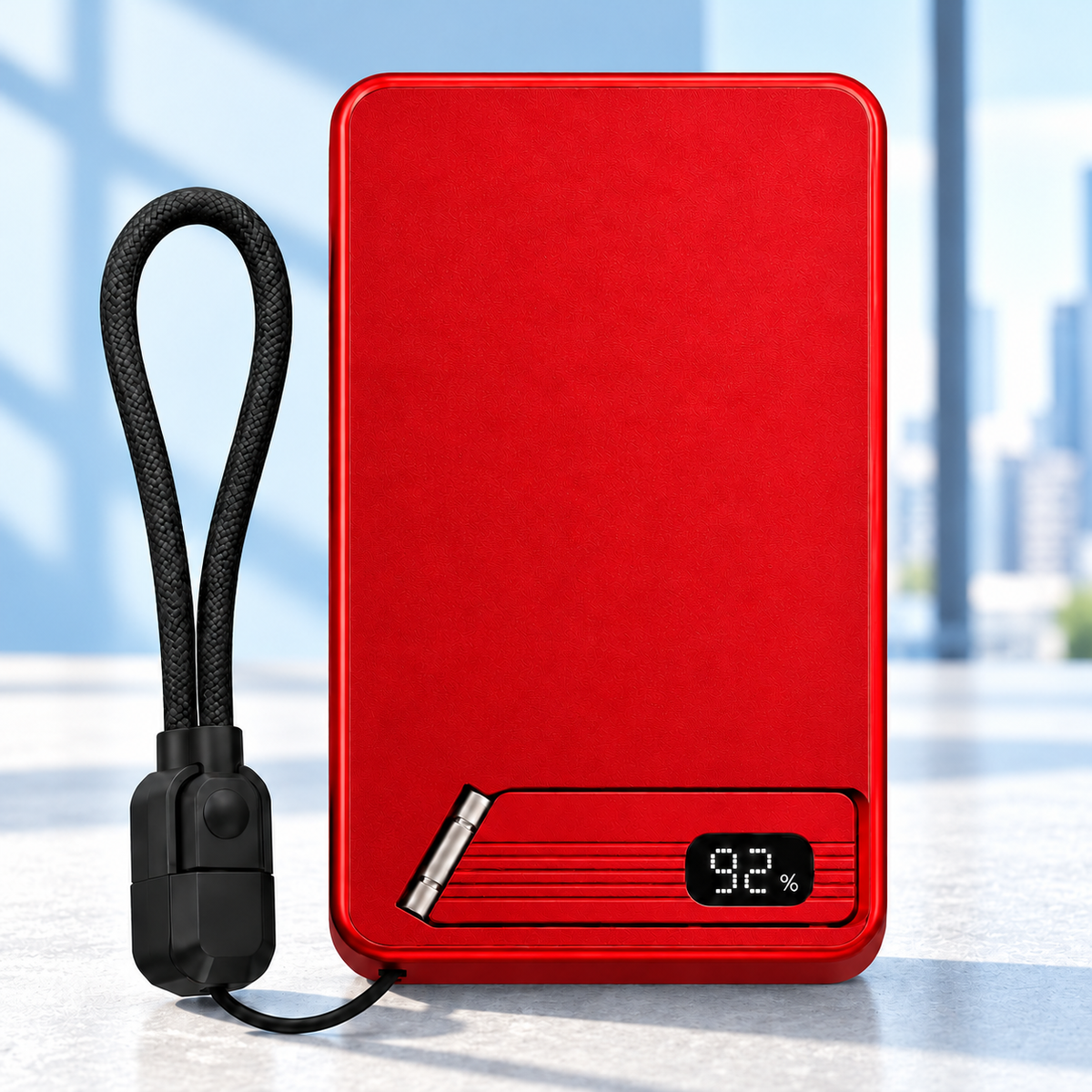 Red MagStand Pro power bank with folding stand, digital display and USB-C cable loop