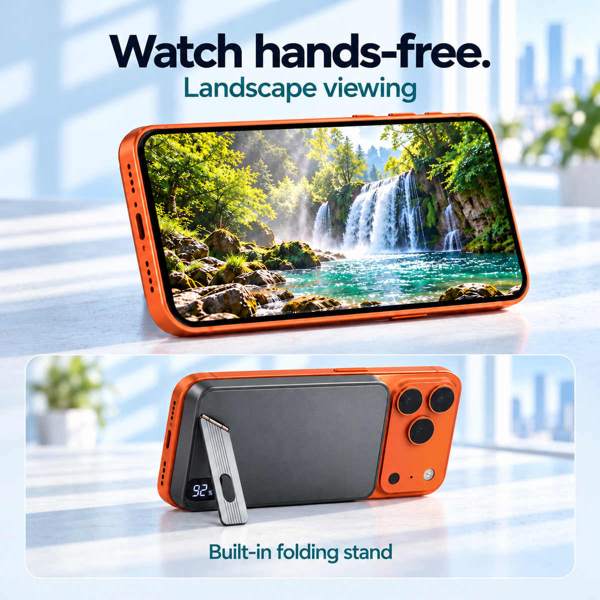 Landscape video viewing with the folding support behind the phone and rear stand detail