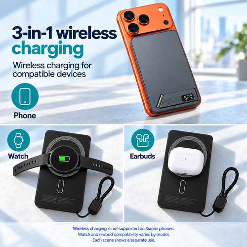 Three separate wireless charging uses for a compatible phone, watch and earbud case
