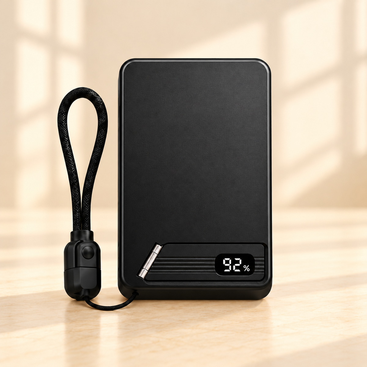 Black magnetic power bank with black lanyard