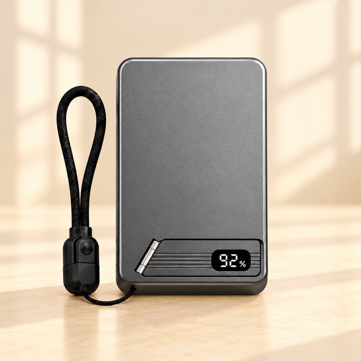 Gray magnetic power bank with black lanyard