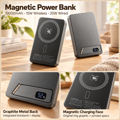 Graphite magnetic power bank, front and rear views with foldable stand and battery display