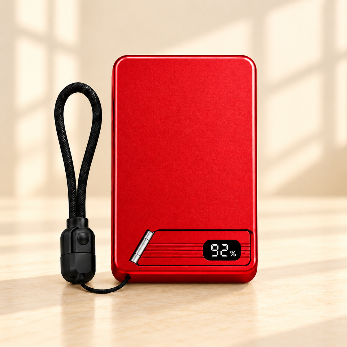Red magnetic power bank with black lanyard