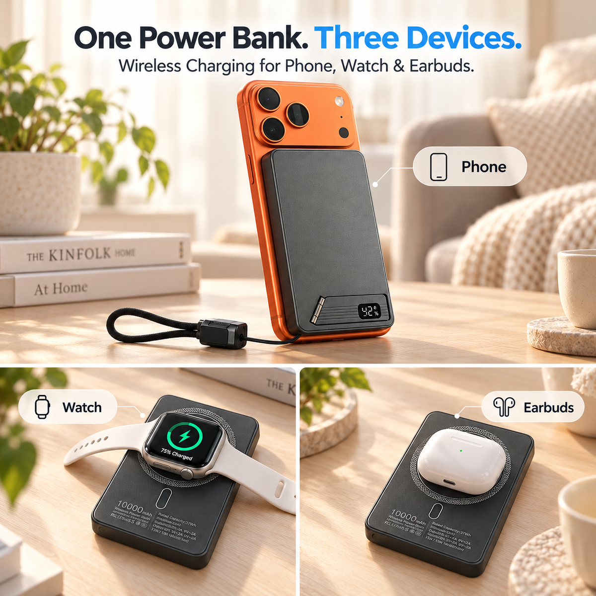 Separate wireless charging examples for a phone, watch and earbuds