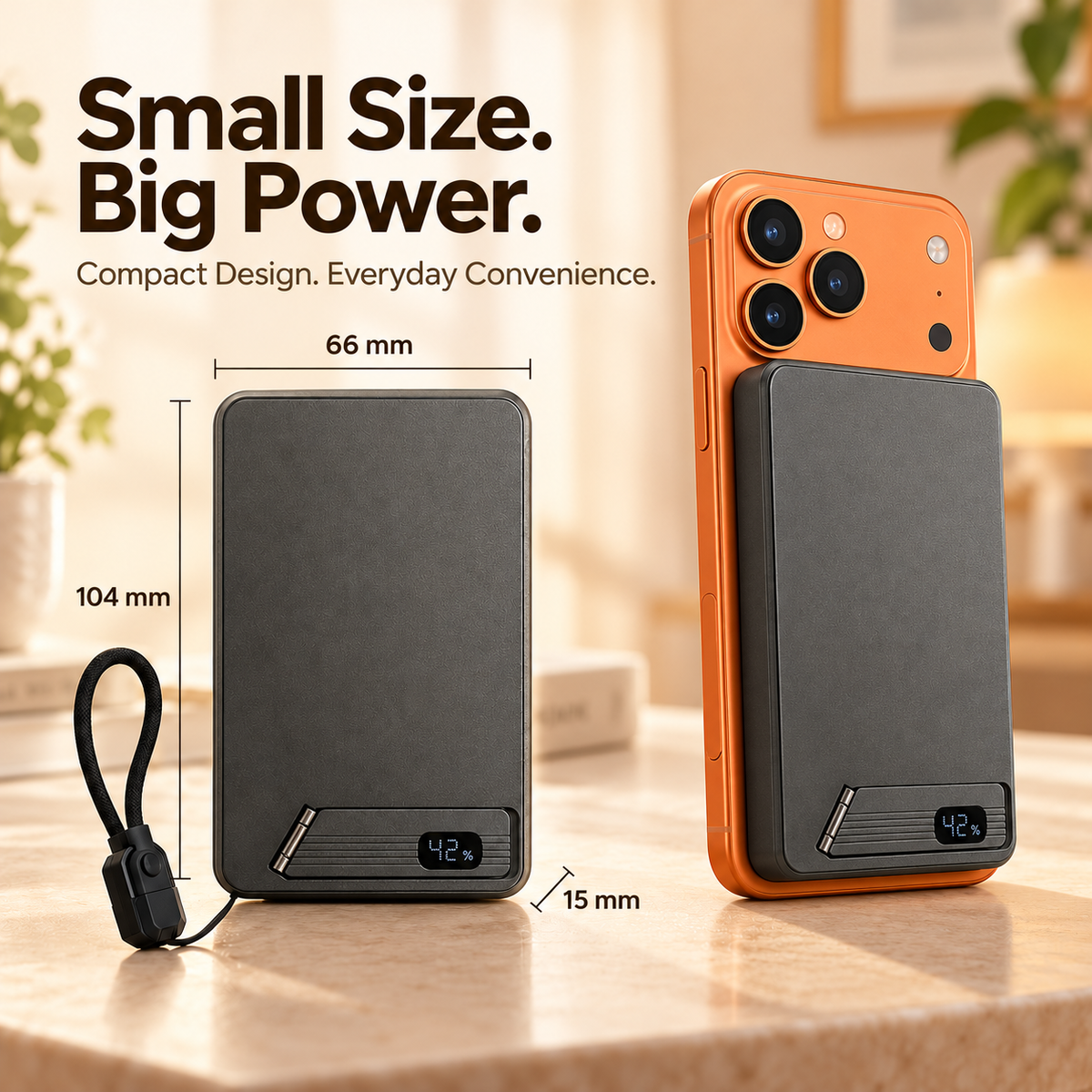 Power bank dimensions: 104 x 66 x 15 mm