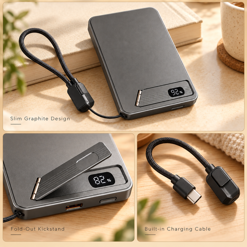 Power bank fold-out kickstand and charging cable details