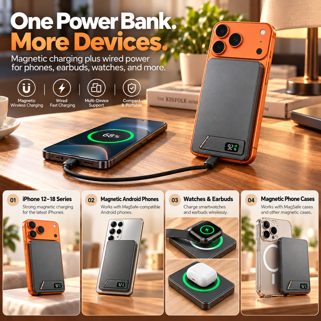 Magnetic and wired charging device compatibility illustration
