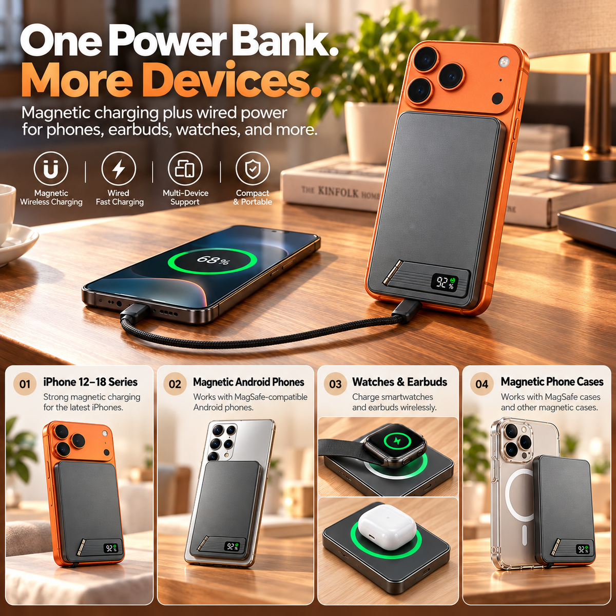 Magnetic and wired charging device compatibility illustration