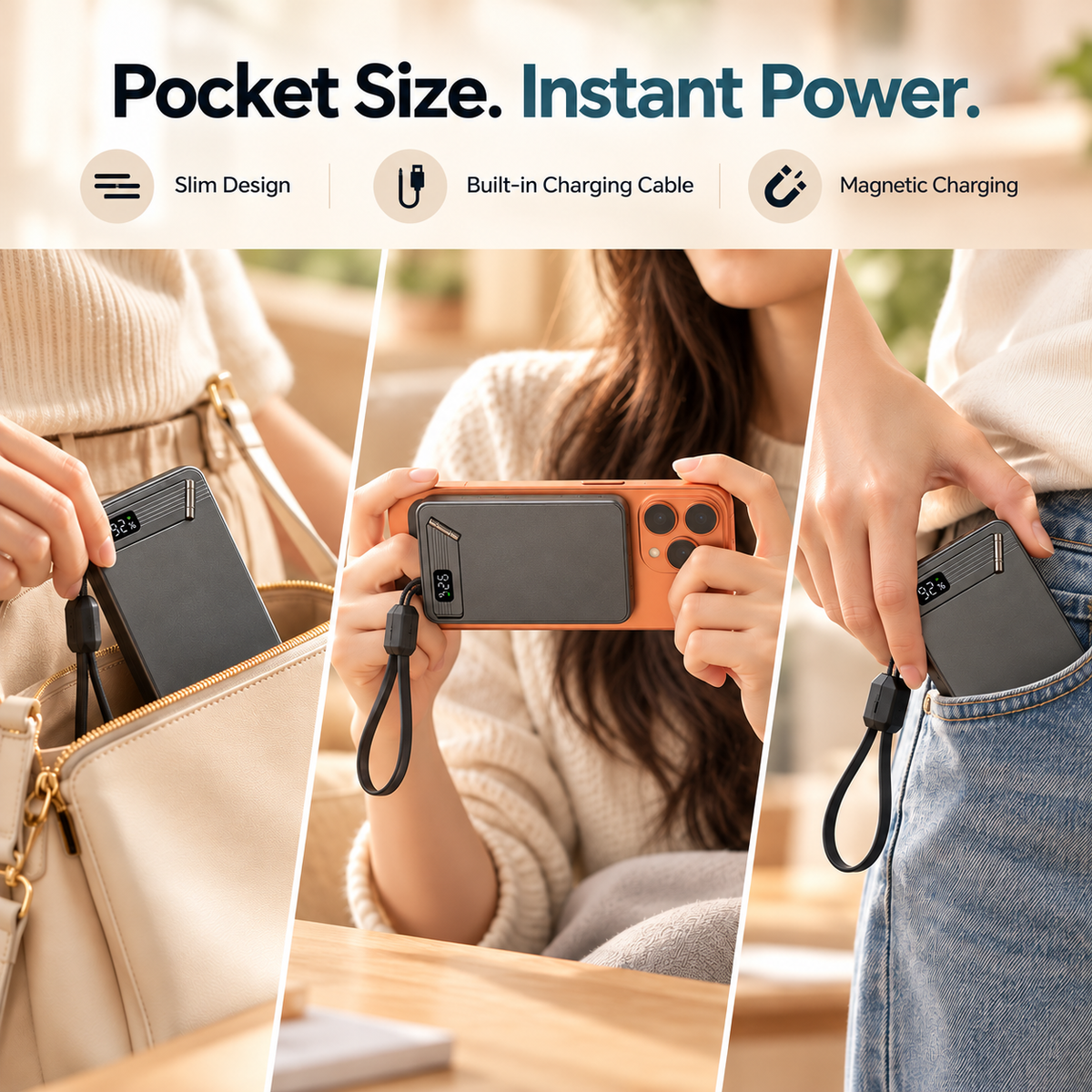 Power bank carried in a bag, held with a phone and placed in a pocket