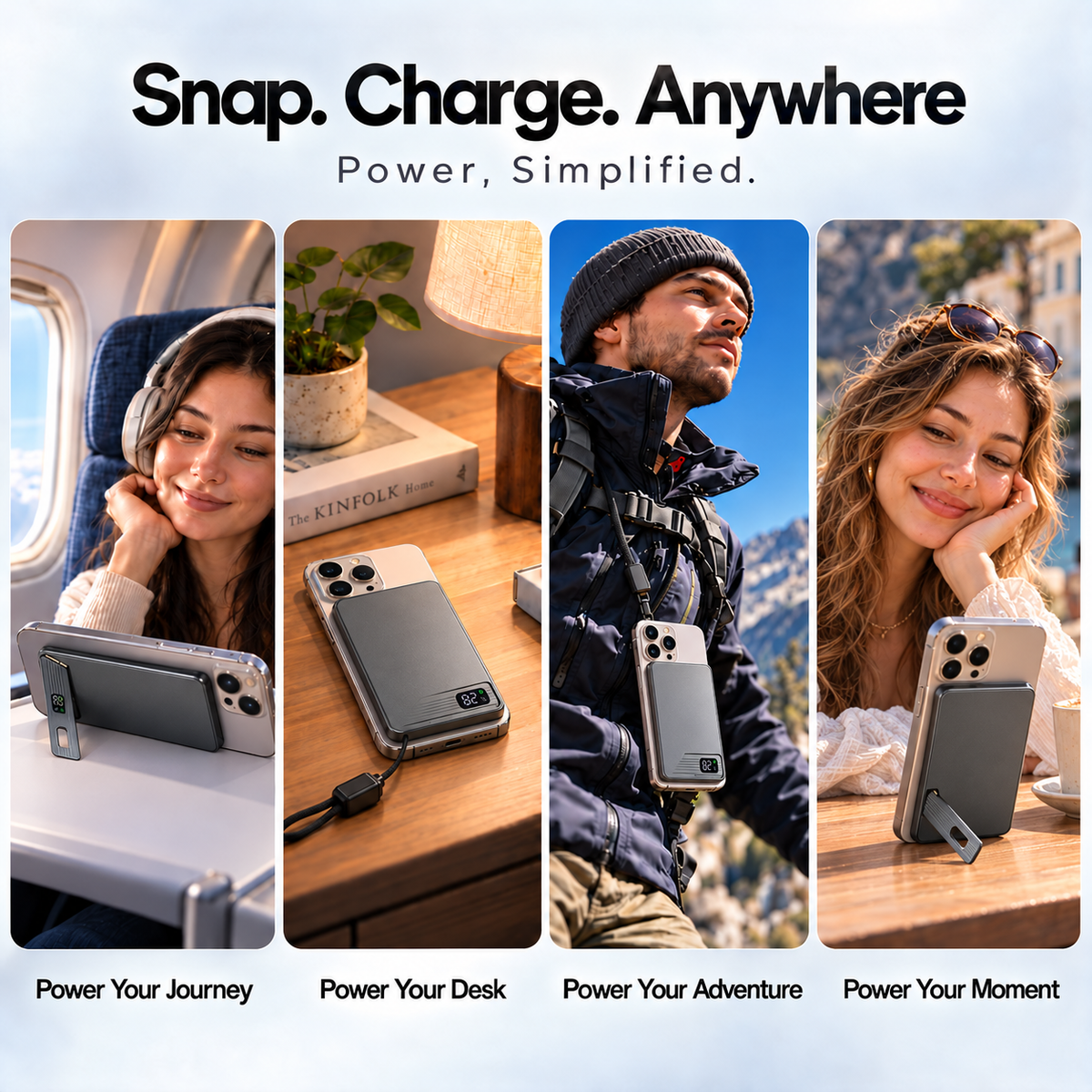Power bank use during travel, at a desk, outdoors and in a cafe